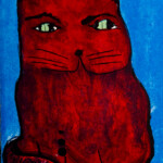 Gravura de gato na cor vermelha feita pelo artista Aldemir Martins