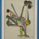 Gravura de galo colorido feita pelo artista Aldemir Martins